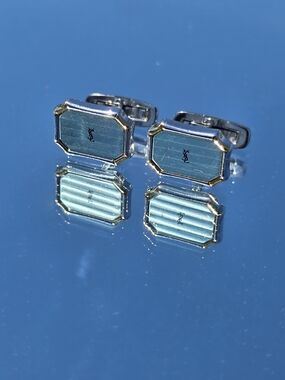 Vintage Yves Saint Laurent Silver Gold Two Tone Octagon Ice Blue Logo Cufflinks